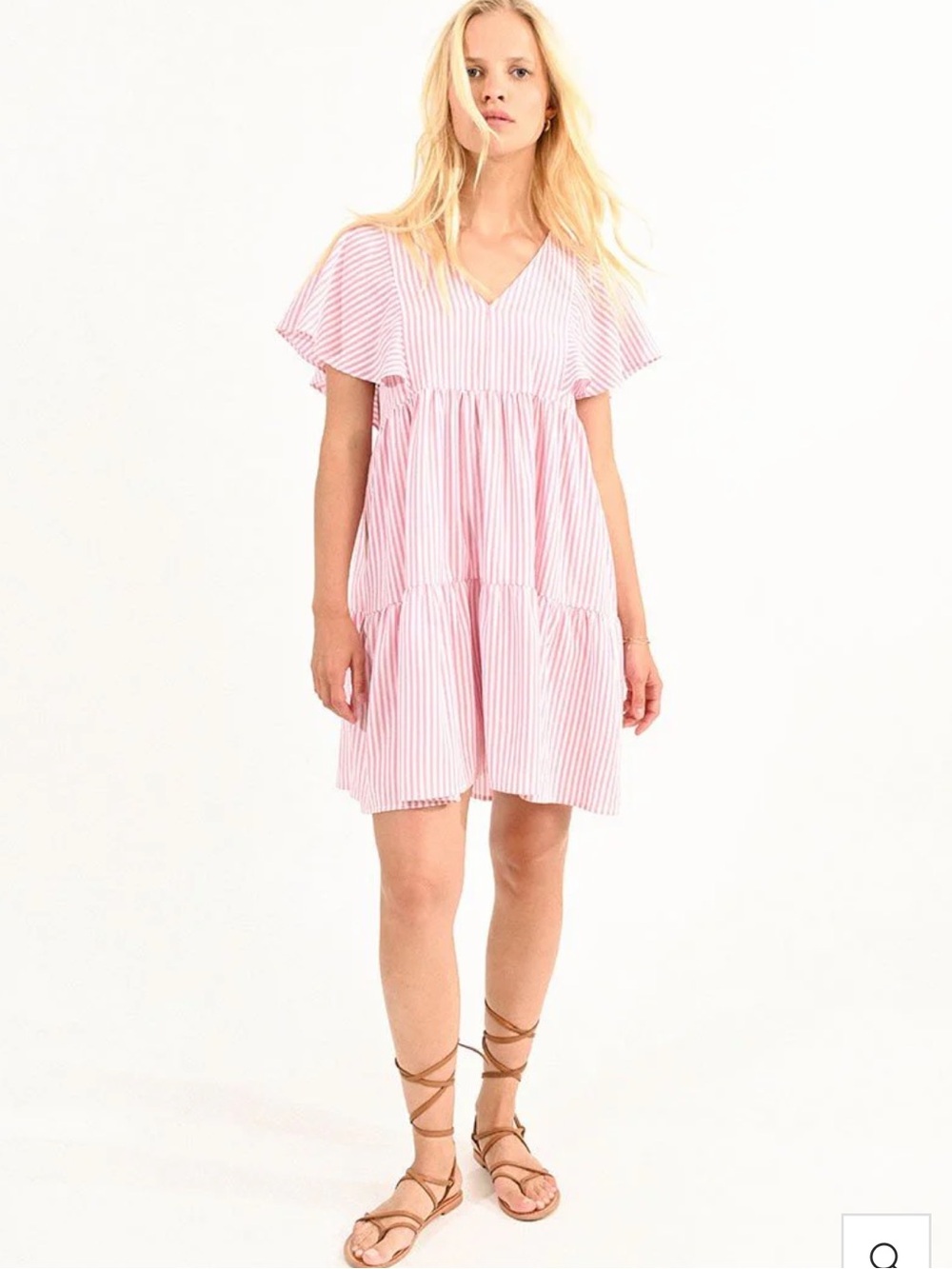 Molly Bracken white/pink striped fit and flare v-neck mini dress with‎ tie back